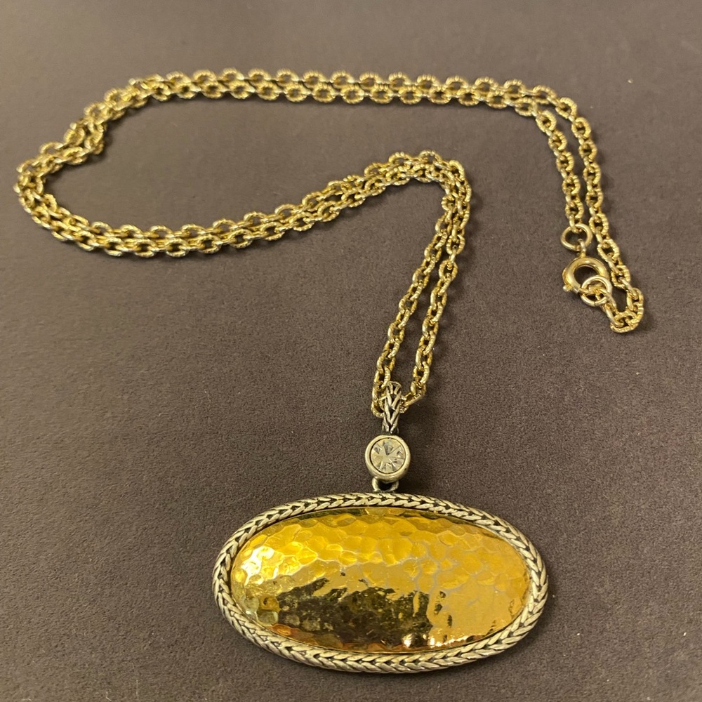 Gold Tone Oval Pendant Necklace with Textured Center - Picture 7 of 8